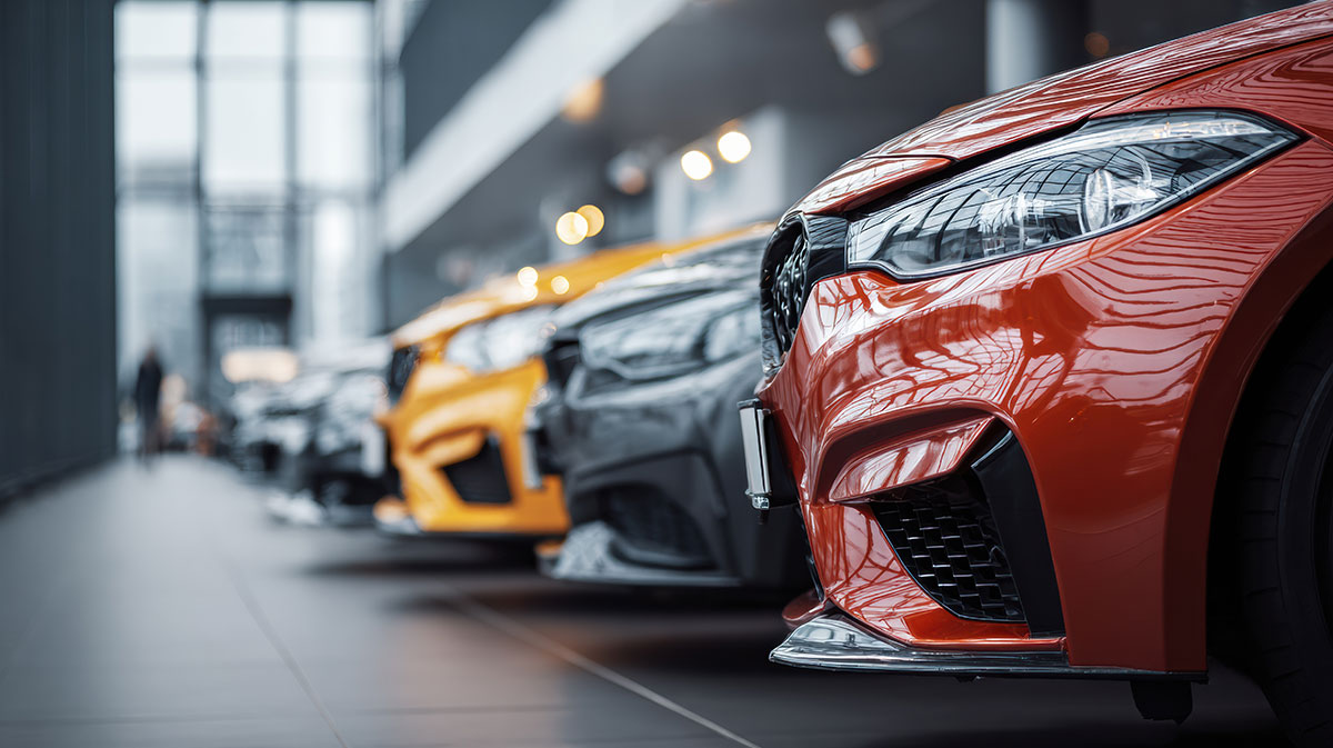 cars lined up in dealership